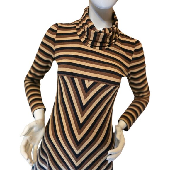 WCAGA Vintage Inspired Cowl Neck Chevron & Stripe Black/Brown Cotton Dress sz M - Picture 3 of 8